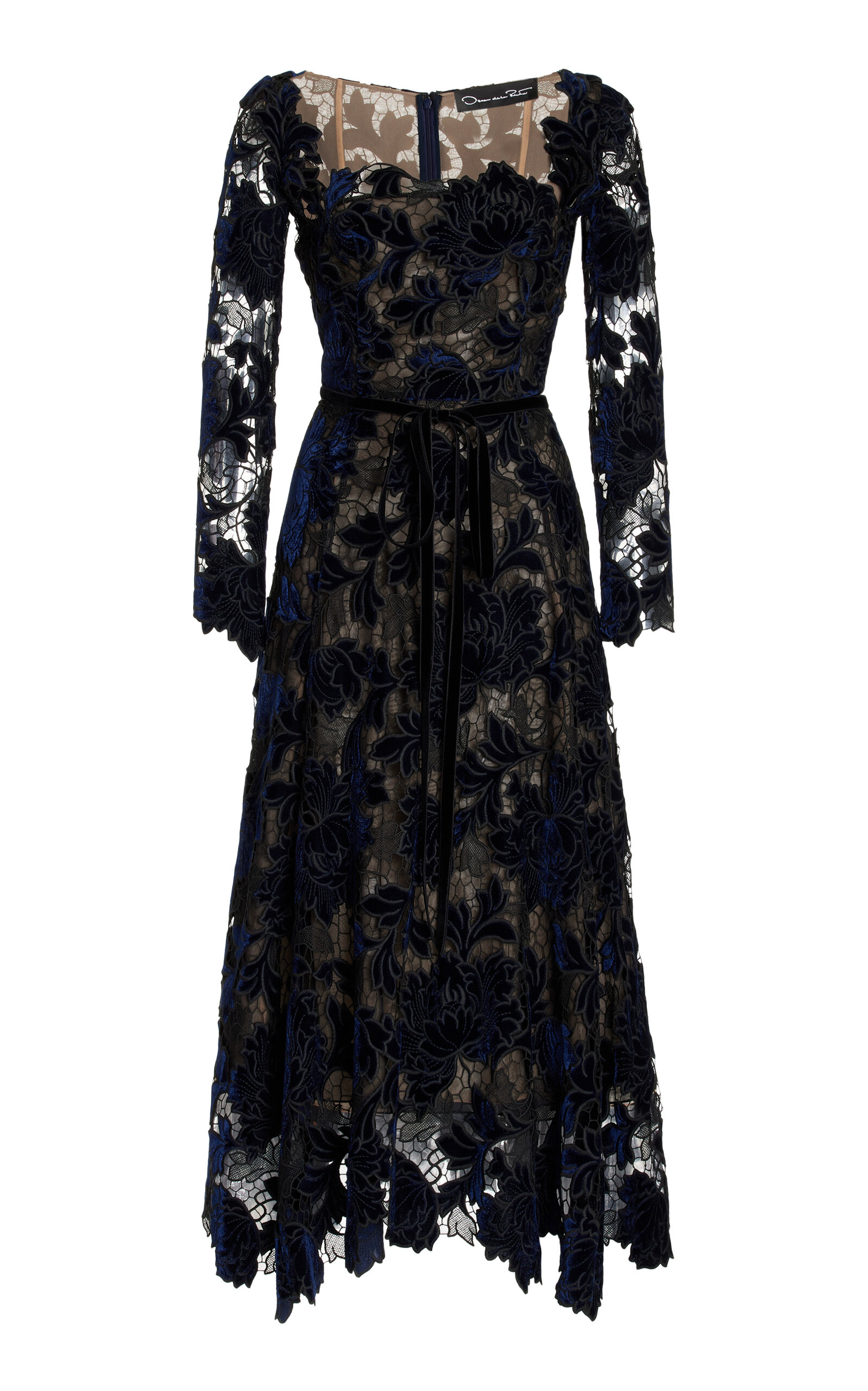 Shop Oscar De La Renta Peony Velvet Guipure Midi Dress In Navy