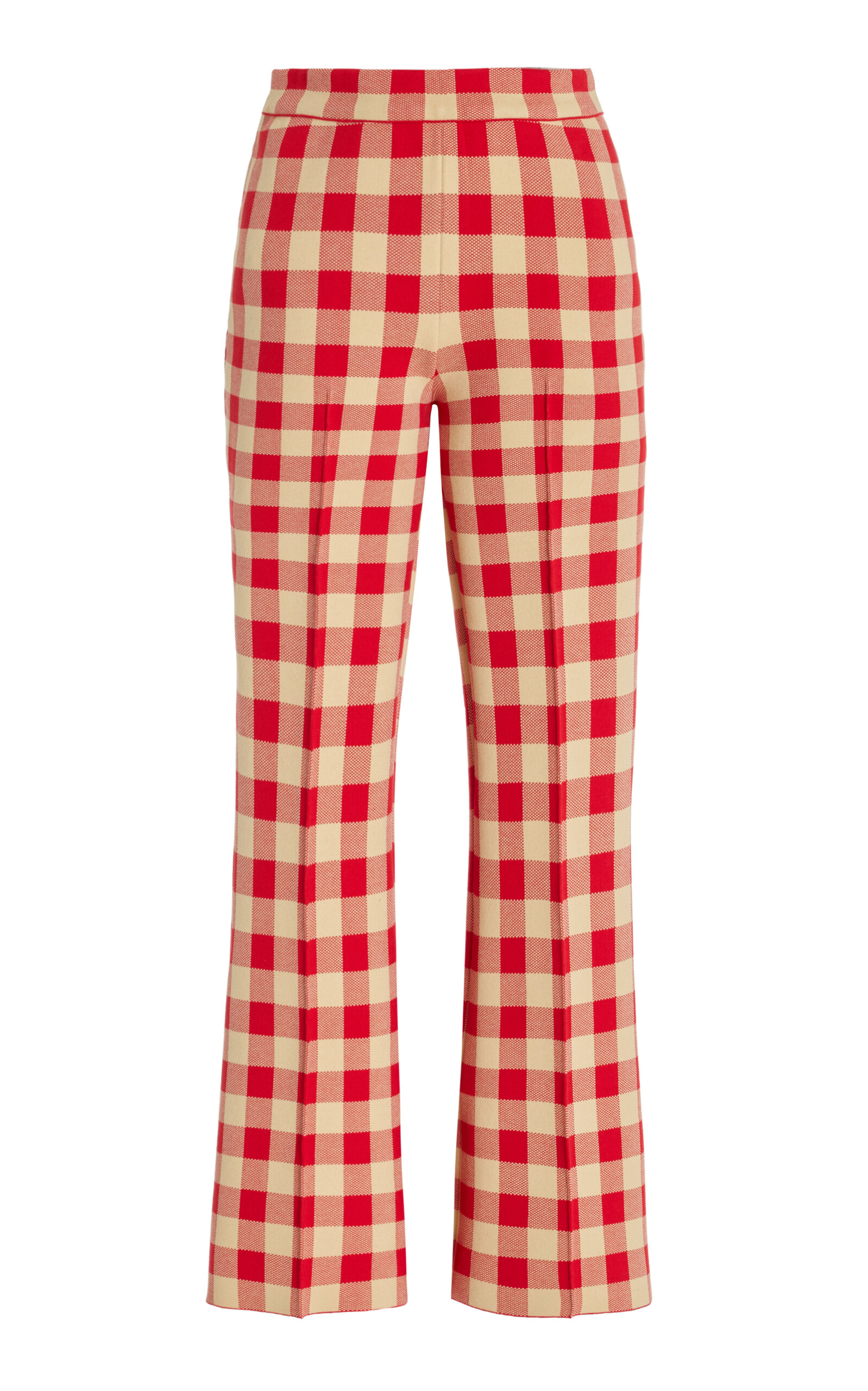 Shop High Sport Exclusive Kick Gingham Stretch-cotton Knit Cropped Flared Pants In Red