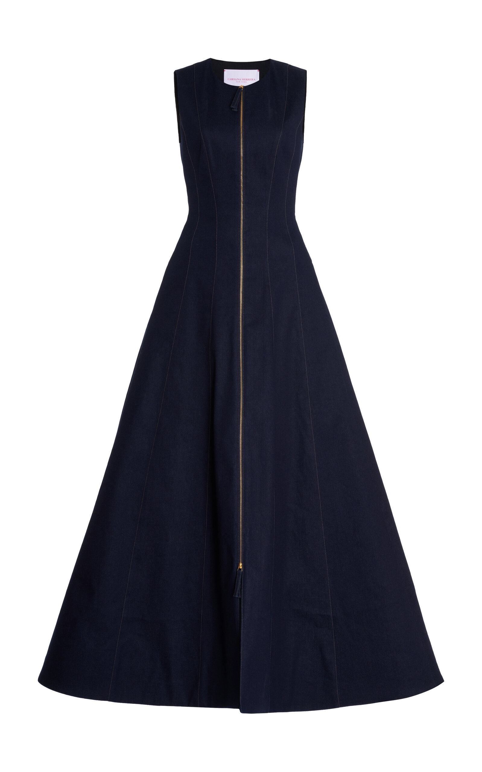 Shop Carolina Herrera Zip-front Midi Cotton-blend Dress In Navy