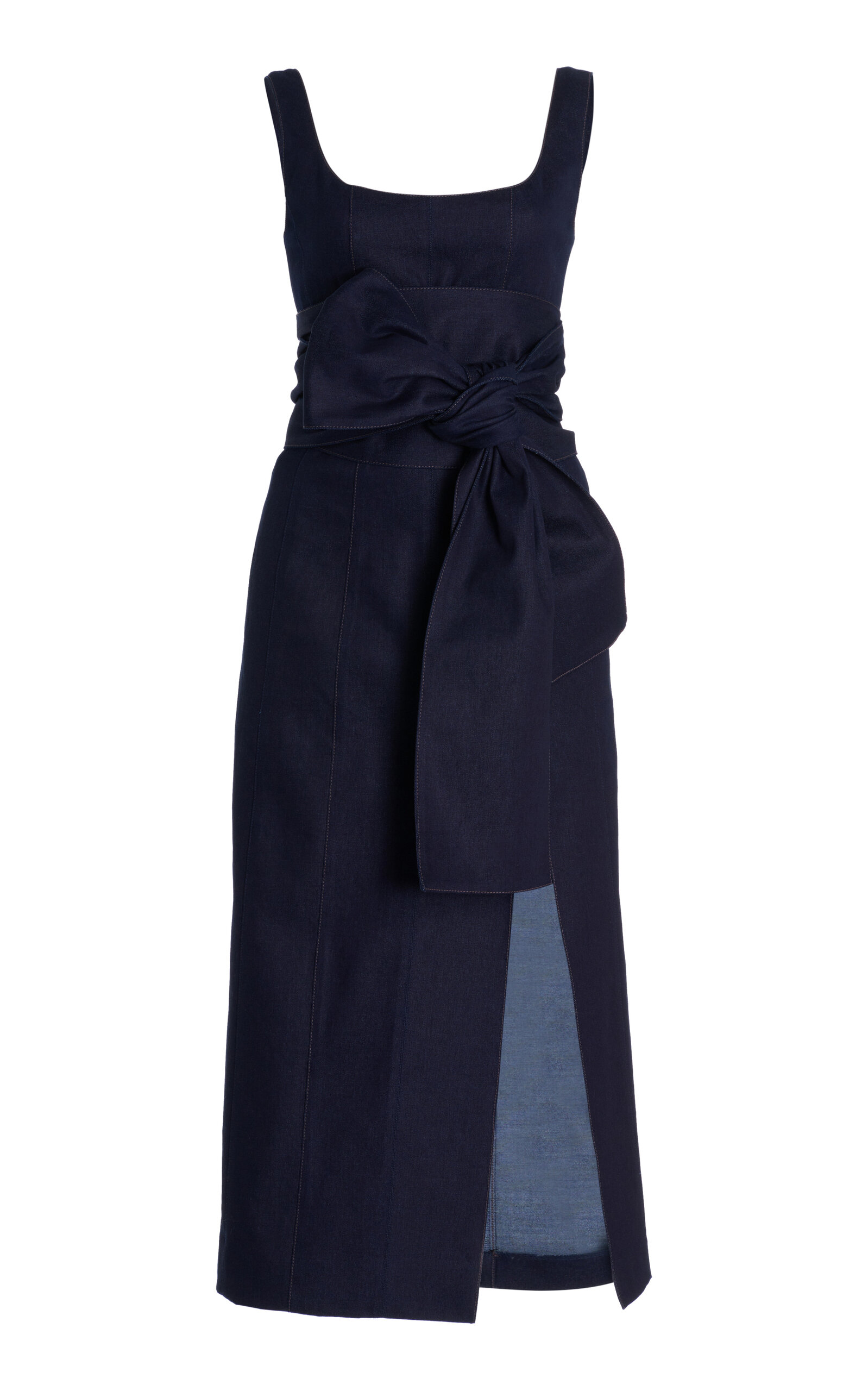 Shop Carolina Herrera Sash-detailed Cotton-blend Midi Dress In Navy