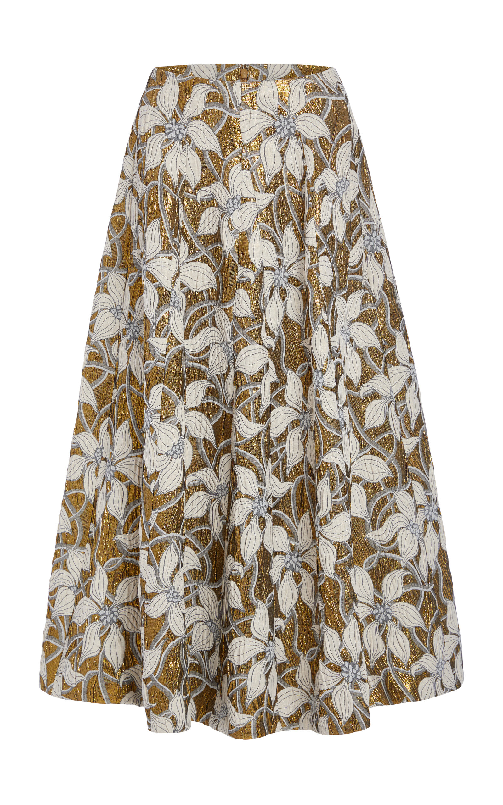 Shop Markarian Marjorie Floral Brocade Flared Midi Skirt In Gold