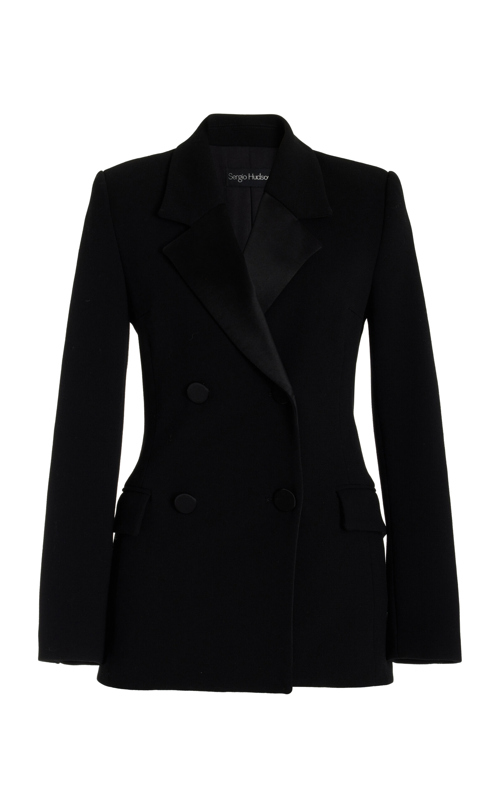 Shop Sergio Hudson Double-breasted Wool Crepe Tuxedo Jacket In Black