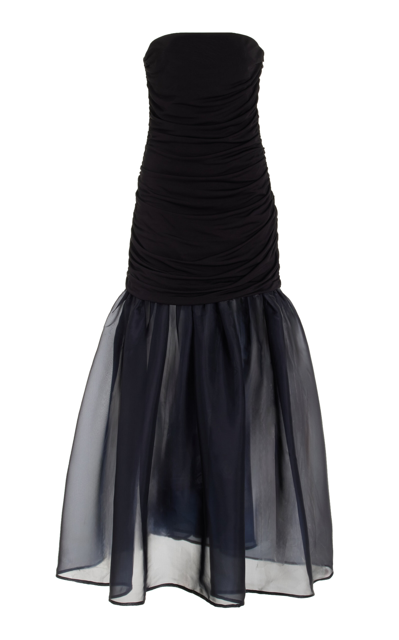 Shop Staud Liya Ruched Jersey-organza Maxi Dress In Black