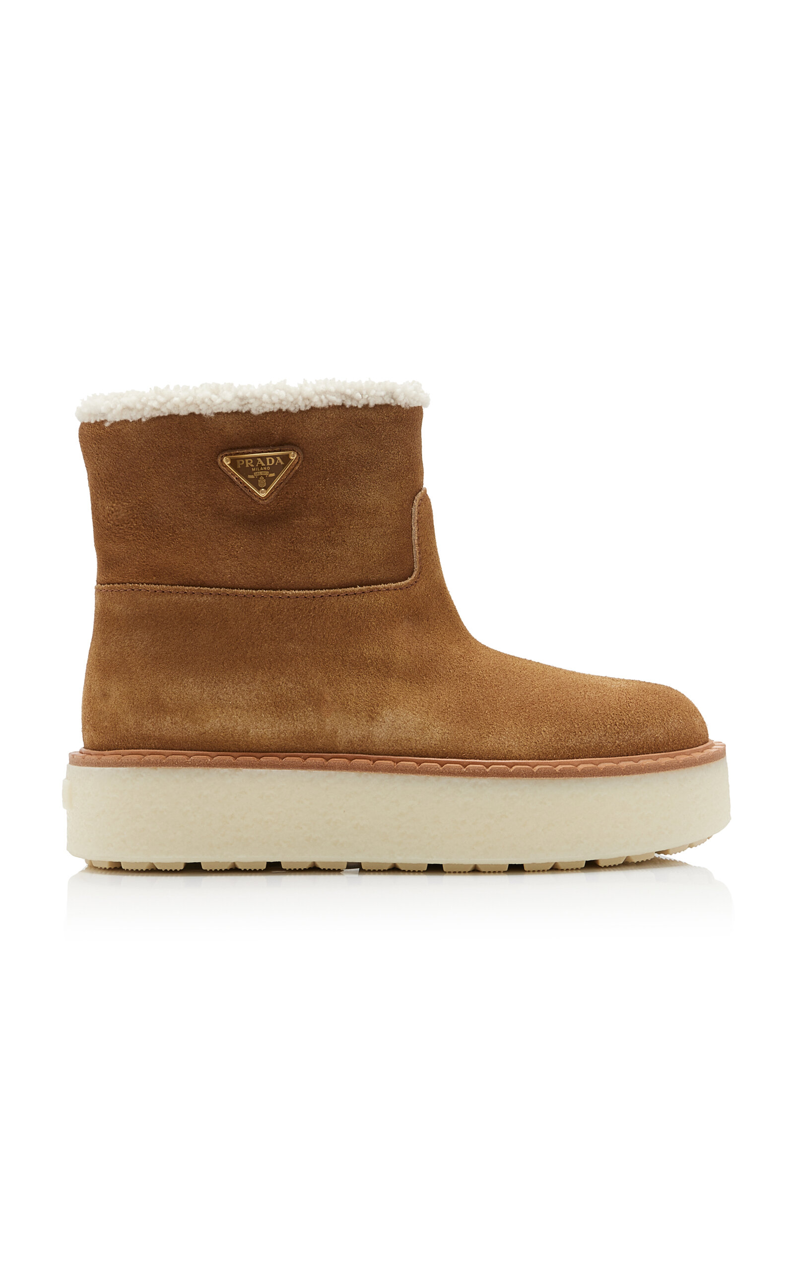 Shop Prada Evolve Shearling-lined Suede Ankle Boots In Brown