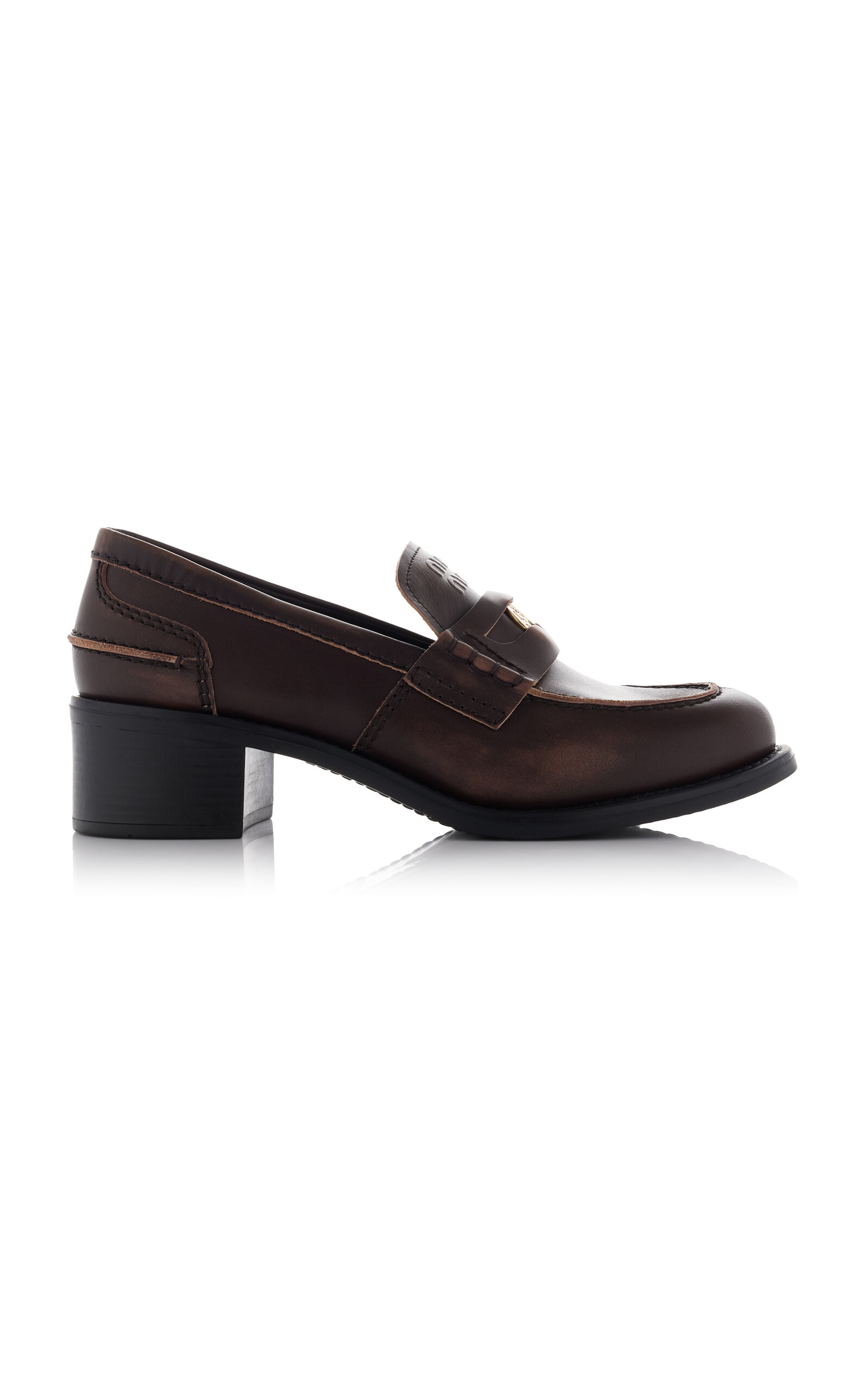 Shop Miu Miu Leather Penny Loafers In Brown