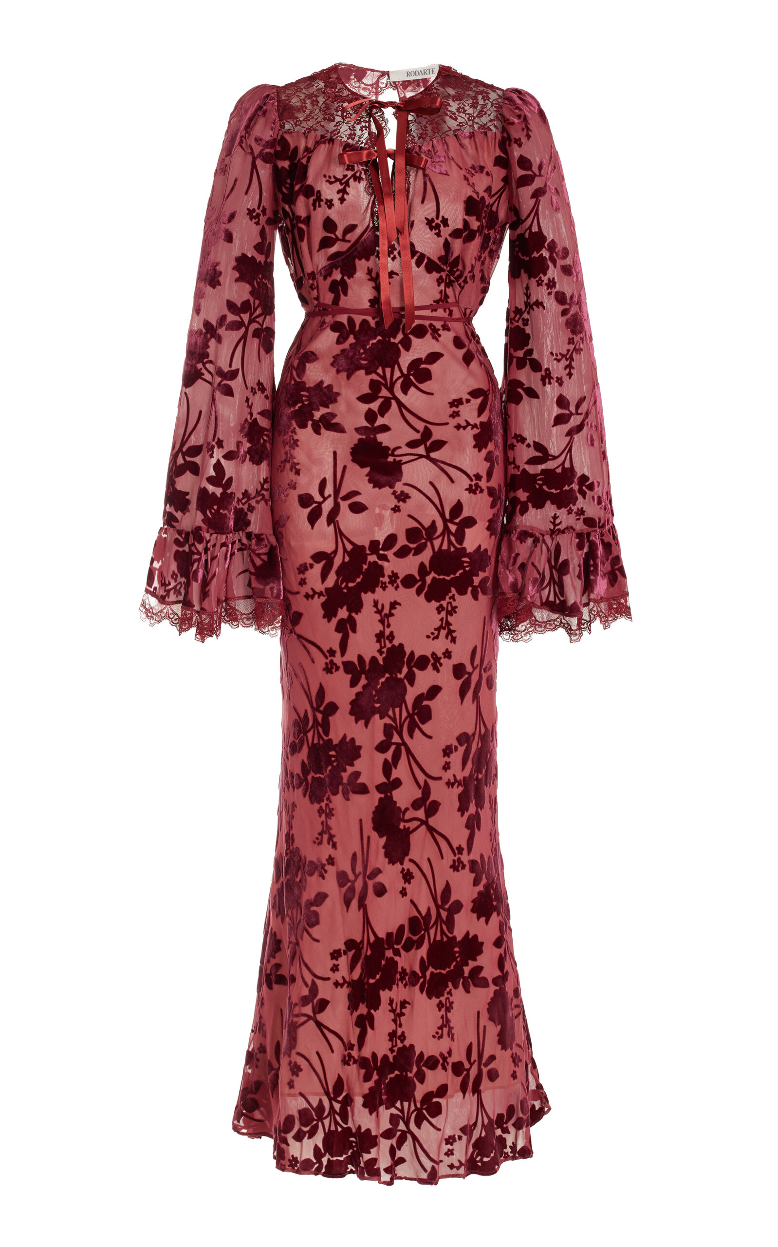 Shop Rodarte Bell-sleeve Lace-trimmed Flocked Maxi Dress In Burgundy