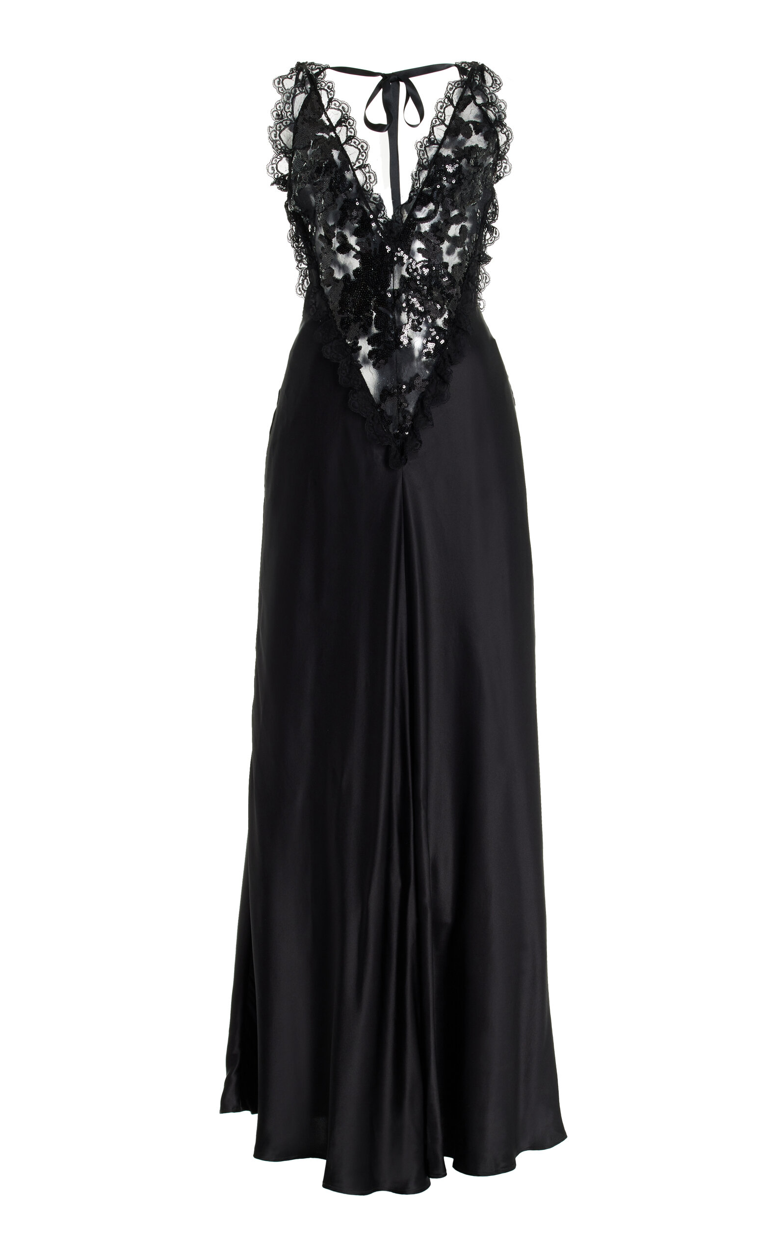 Shop Rodarte Sequined Lace-trimmed Silk Maxi Dress In Black