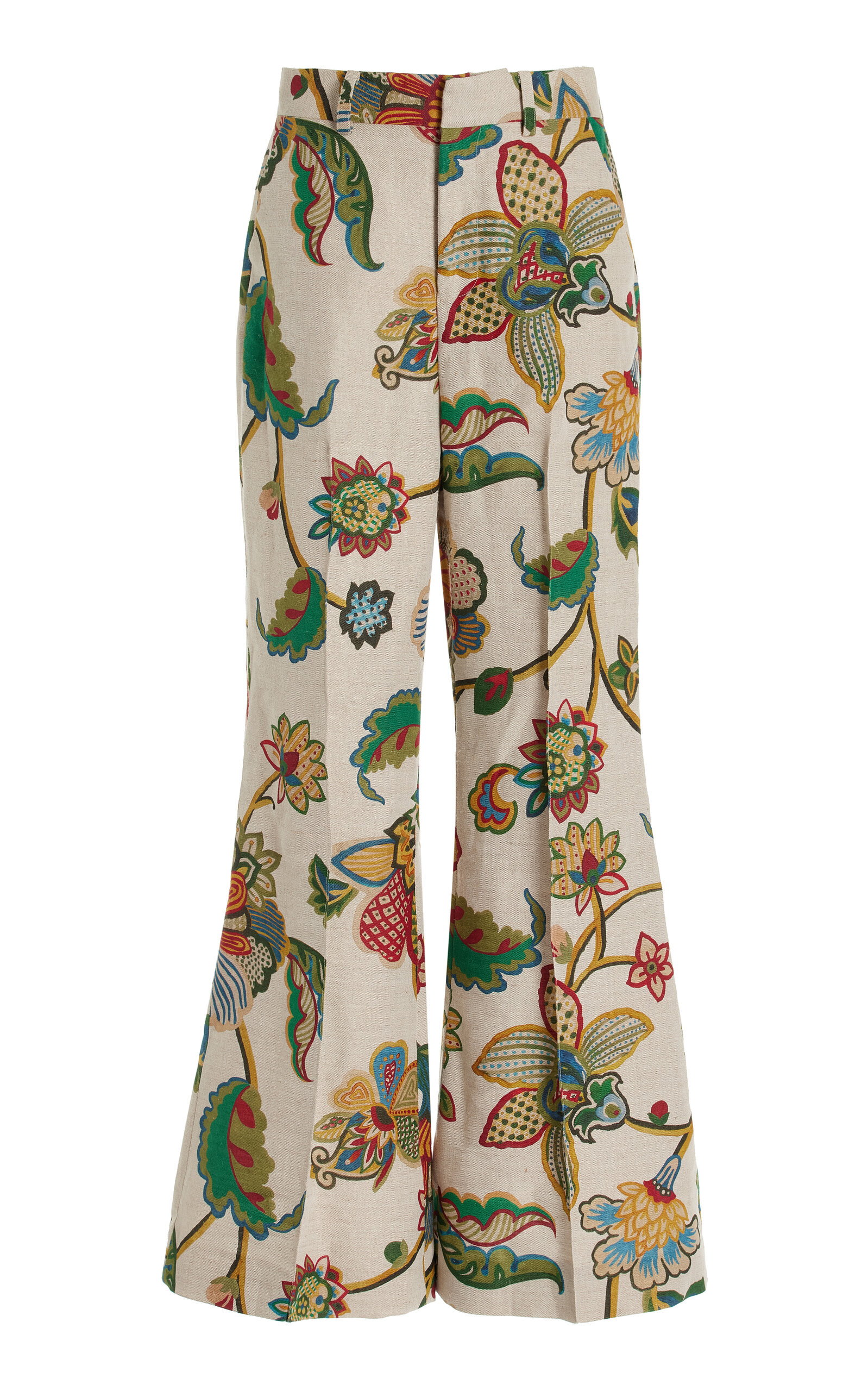 Paneled and Piped Printed-Linen Flared Pants