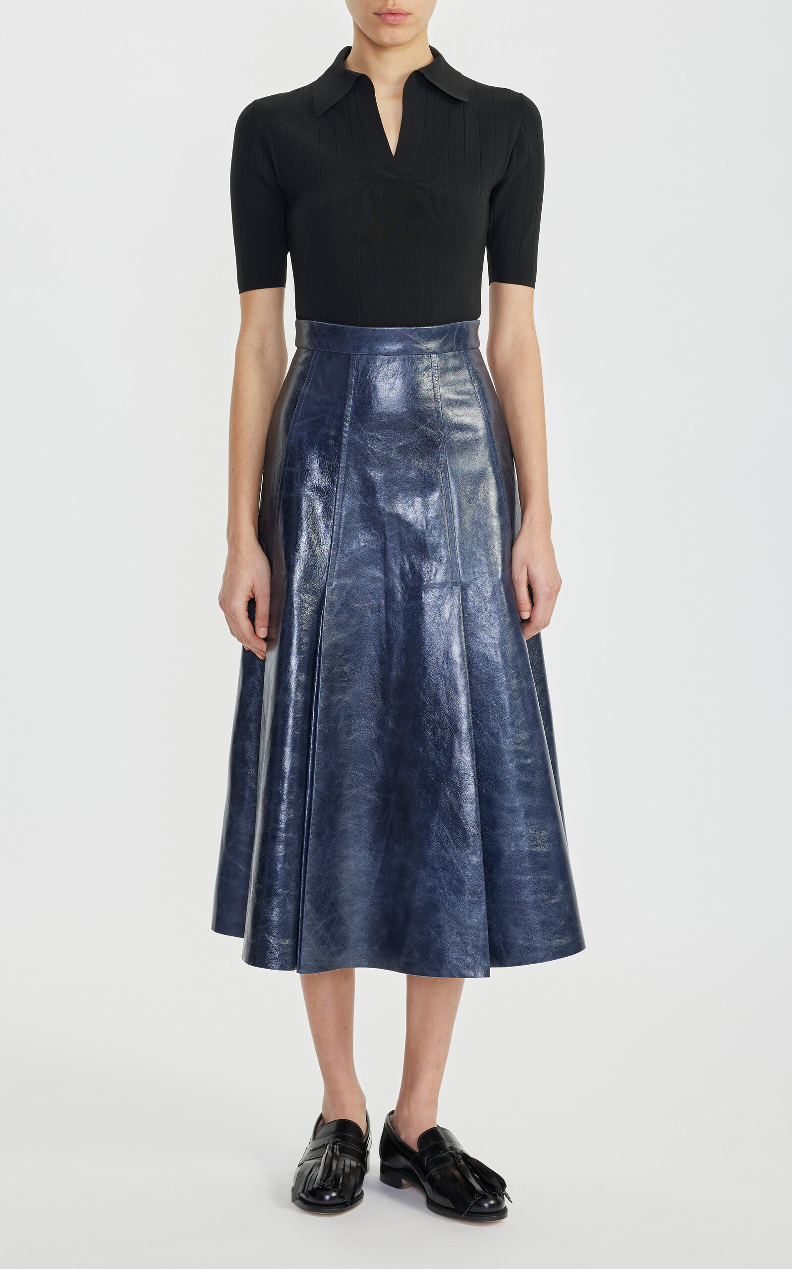 Shop Emilia Wickstead Faline Paneled Leather Midi Skirt In Navy