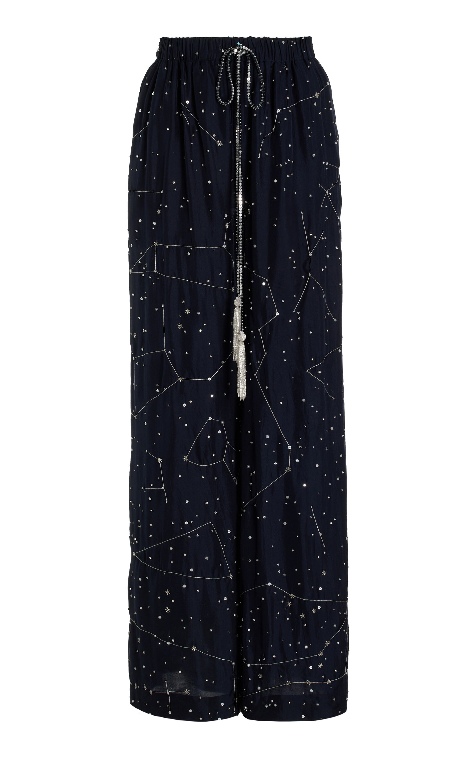 Shop Cucculelli Shaheen La Galaxie Embellished Silk  Wide-leg Pants In Navy