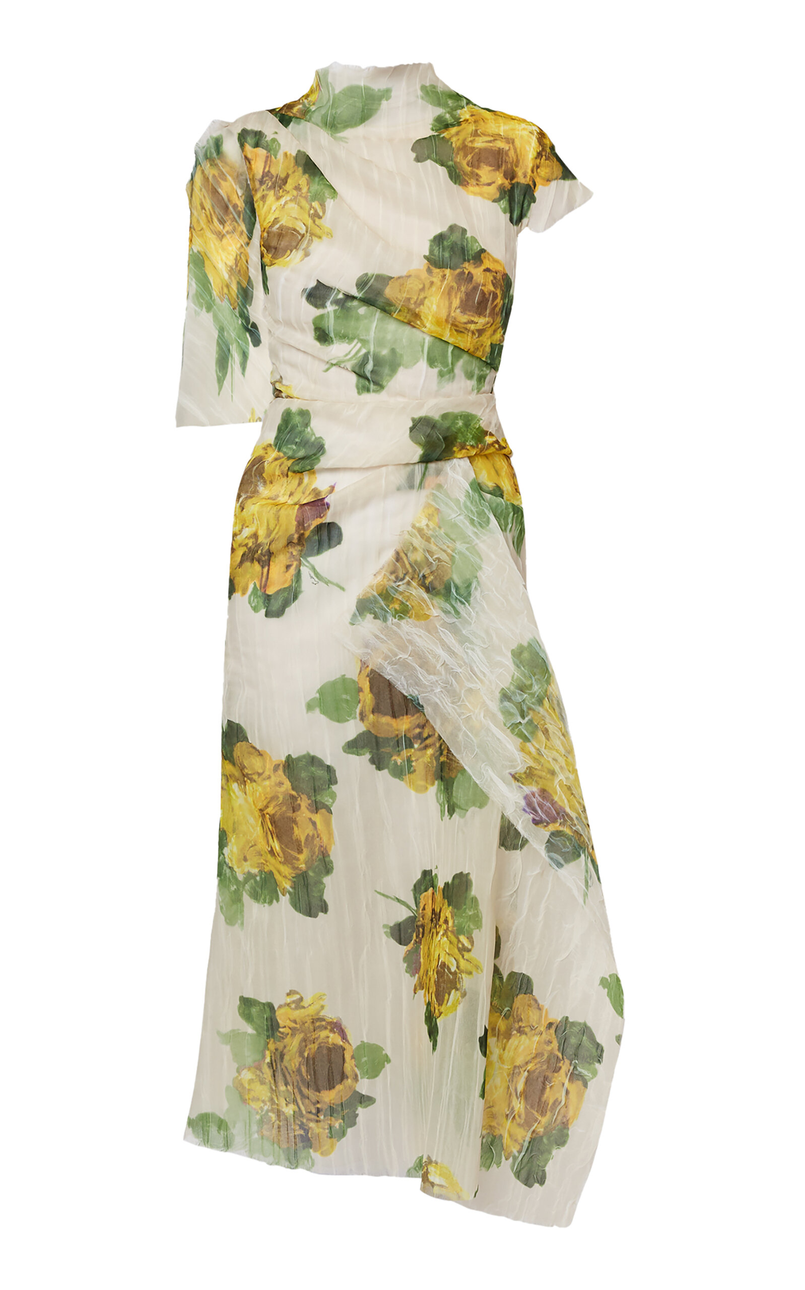 Shop Erdem Floral Crushed Organza Midi Dress In Yellow