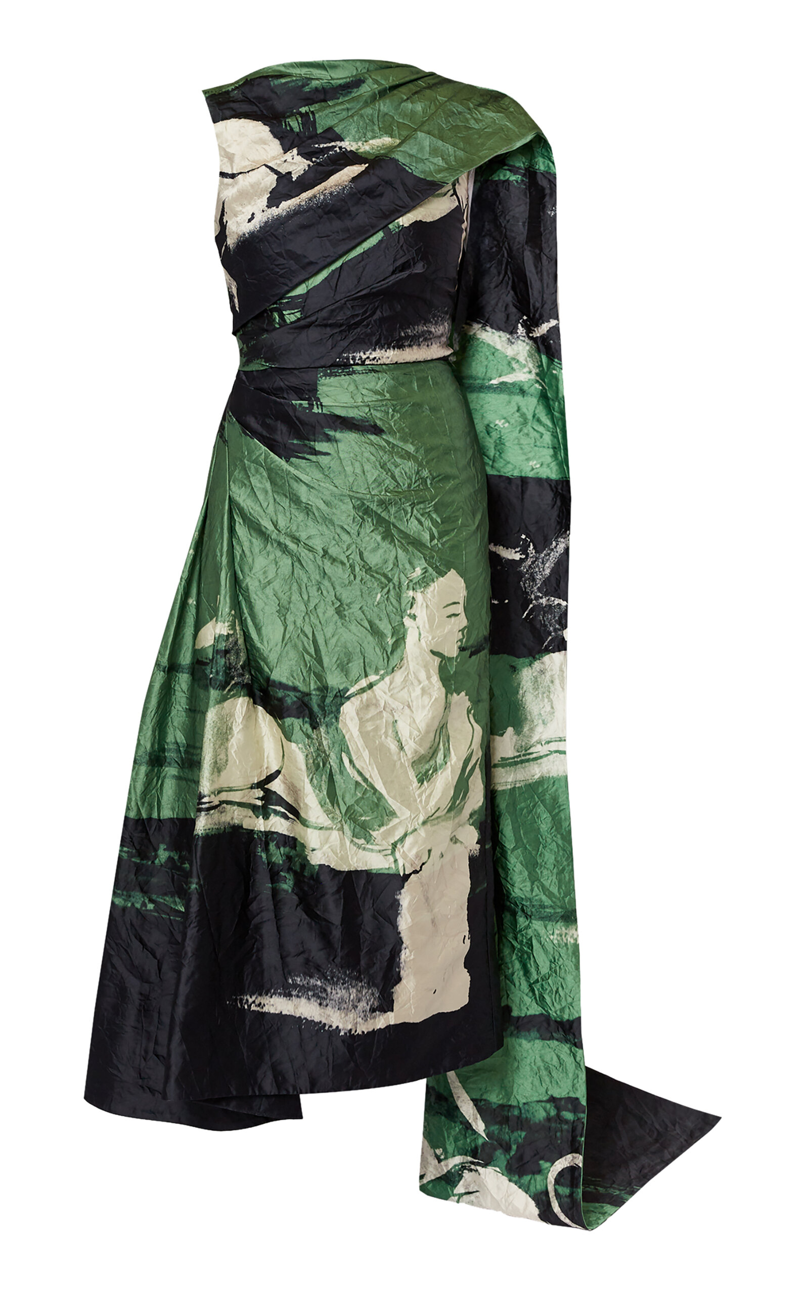 Shop Erdem Asymmetric Crushed Satin Midi Dress In Green