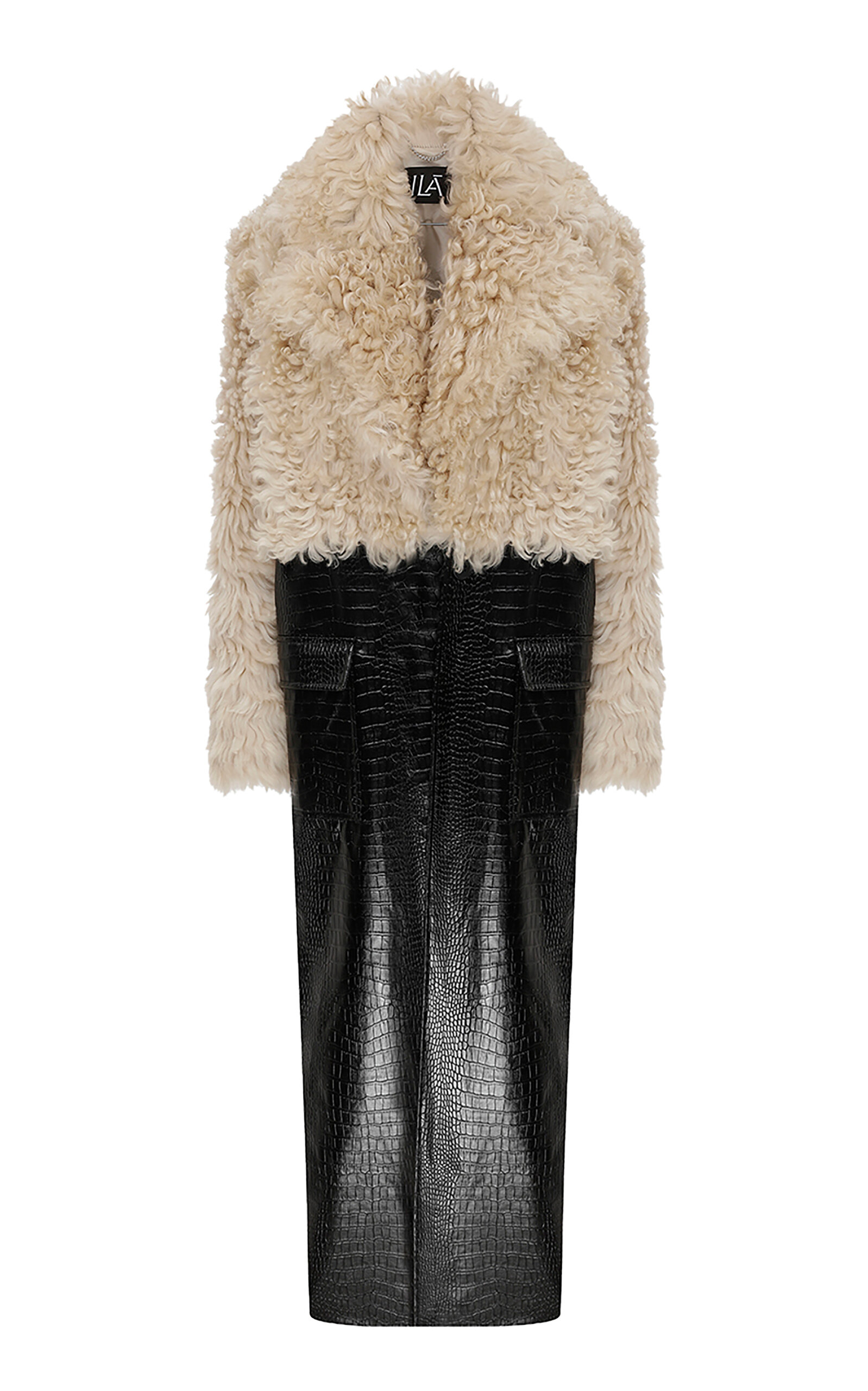 Ila Avery Vegan-croc Leather & Shearling Long Coat In Black