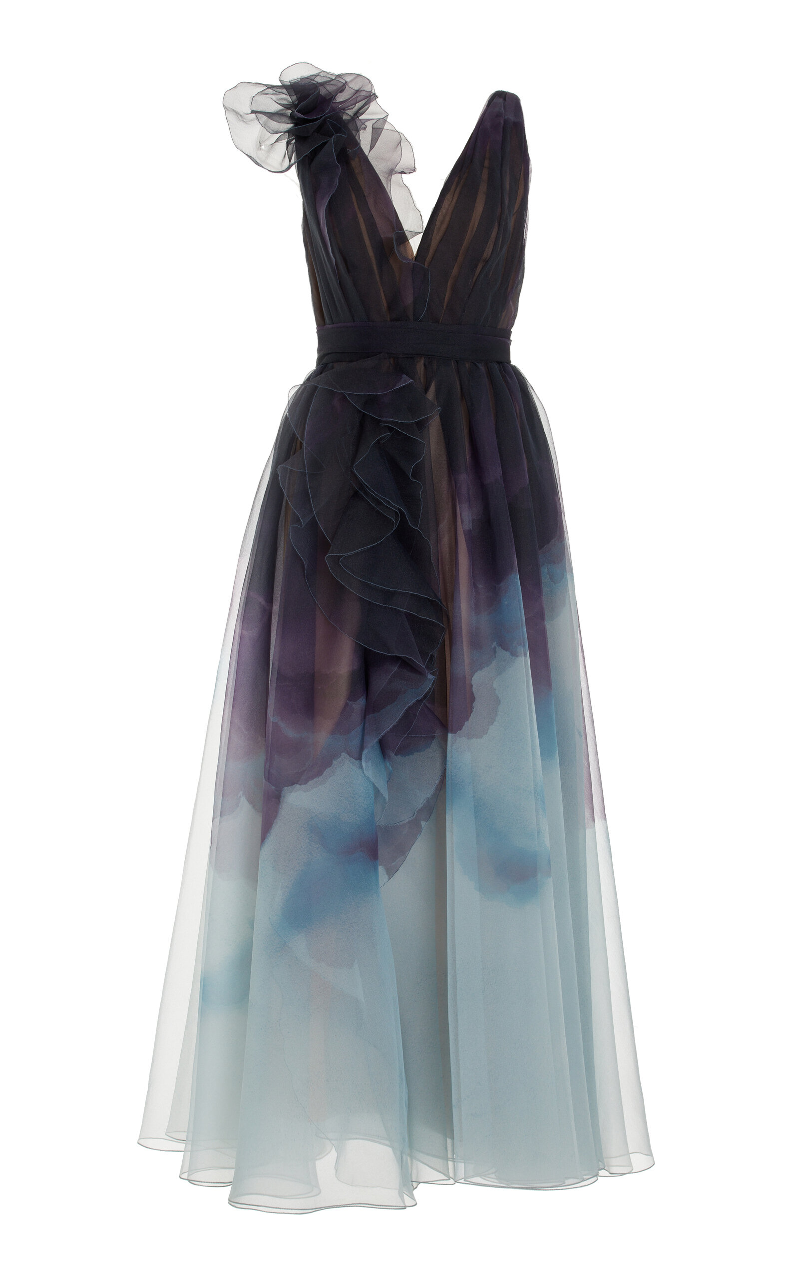 Shop Marchesa Ruffled Chiffon Maxi Dress In Blue